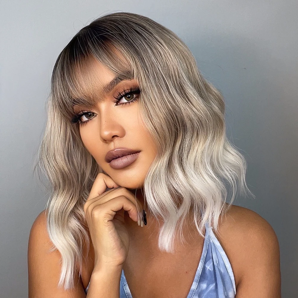 GEMMA Bob Wigs Ash Gray Platinum Synthetic Wig with Bangs for Black Women Short Wave Natural Daily Heat Resistant Cosplay Hair