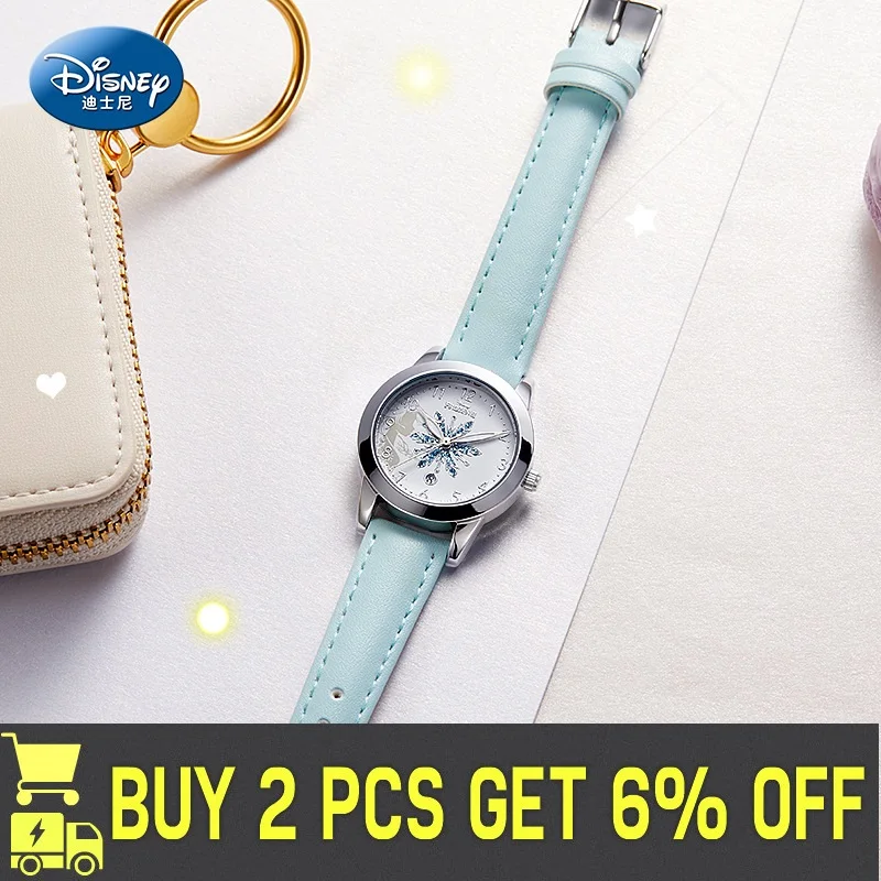 Disney Original Frozen Elsa Princess Minnie Mouse Cartoon Girs Quartz Bling Snow Dial Calendar Casual Wrist Watch New Gift Clock