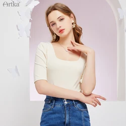 ARTKA 2021 Summer New Women T-shirt Elegant Retro Square Collar Soft T-shirt Back Pearl Necklace Short Sleeve T-shirts TA28013X