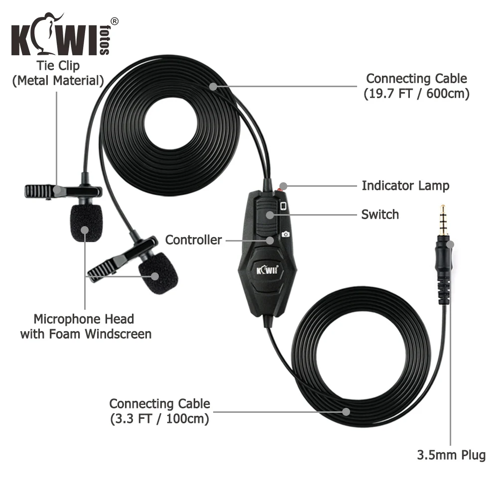 Micrófono Lavalier omnidireccional de doble cabeza para cámara Nikon, Canon, SONY, Fuji, videocámaras, teléfono inteligente, Interfaz de vídeo Vlog de 3,5mm
