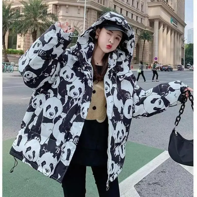 High Quality Winter Casual Women Coat Harajuku Print Cartoon Cute Panda Family Sweet White Zipper New Cotton Clothes Female