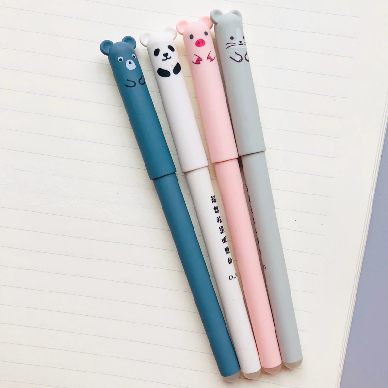 4 Pcs Kawaii Pig Panda Mouse Bear Erasable Velvet Gel Pen Student Stationery Blue