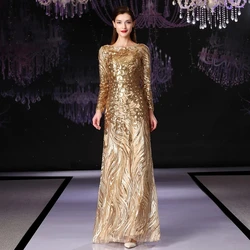 Maßgeschneidertes formelles Ballkleid für Damen mit langen Ärmeln und Pailletten in Gold, langes Hochzeitskleid, Zeremonienkleid, formelles Mutterkleid