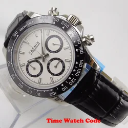 Chronograph 39mm Parnis Quartz Wristwatch Men's Stop Watch White Dial Leather Strap Sapphire Glass Luminous Hands Marks