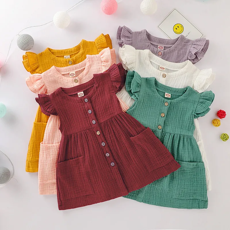 2020-03-31 Lioraitiin 0-6Years Toddler Kid Baby Girl Summer Dress Ruffles Sleeves Cotton Button Pocket Dress Sundress Clothes