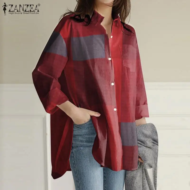 Fashion Pockets Asymmetrical Chemise ZANZEA Women Autumn Long Sleeve Blouses Casual Shirt Kaftan Plaid Printed Tops