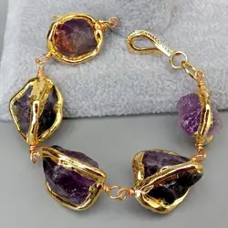 YYGEM Natural Purple Amethyst Rough Nugget With Electroplated Edge Wrap Bracelet 8
