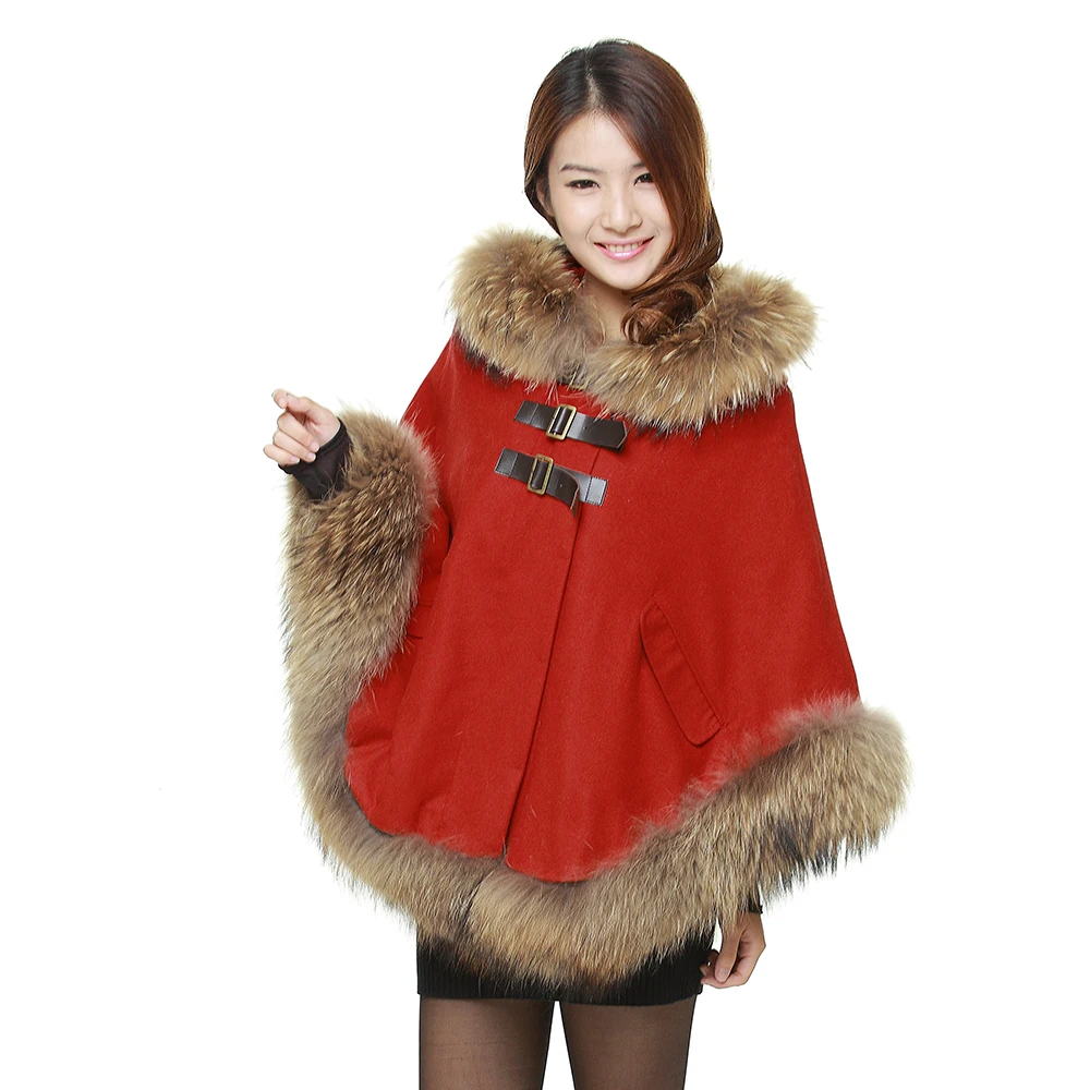 2020 autumn and winter raccoon fur coat female shawl plus size women\'s big red cloak cloak woolen coat  cape for women  cloak