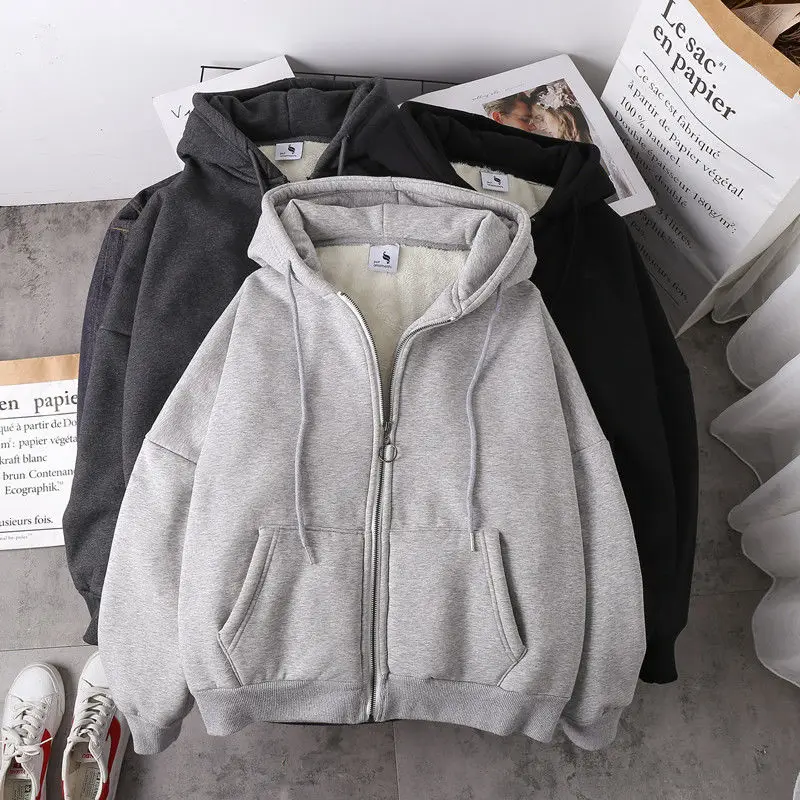 Winter Fashion Warm Solid Color Women\'s Sweatshirt Korean Version Loose Plus Velvet Thick Zipper Cardigan Tops Hoodies