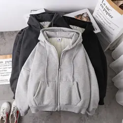 Winter Fashion Warm Solid Color Women's Sweatshirt Korean Version Loose Plus Velvet Thick Zipper Cardigan Tops Hoodies