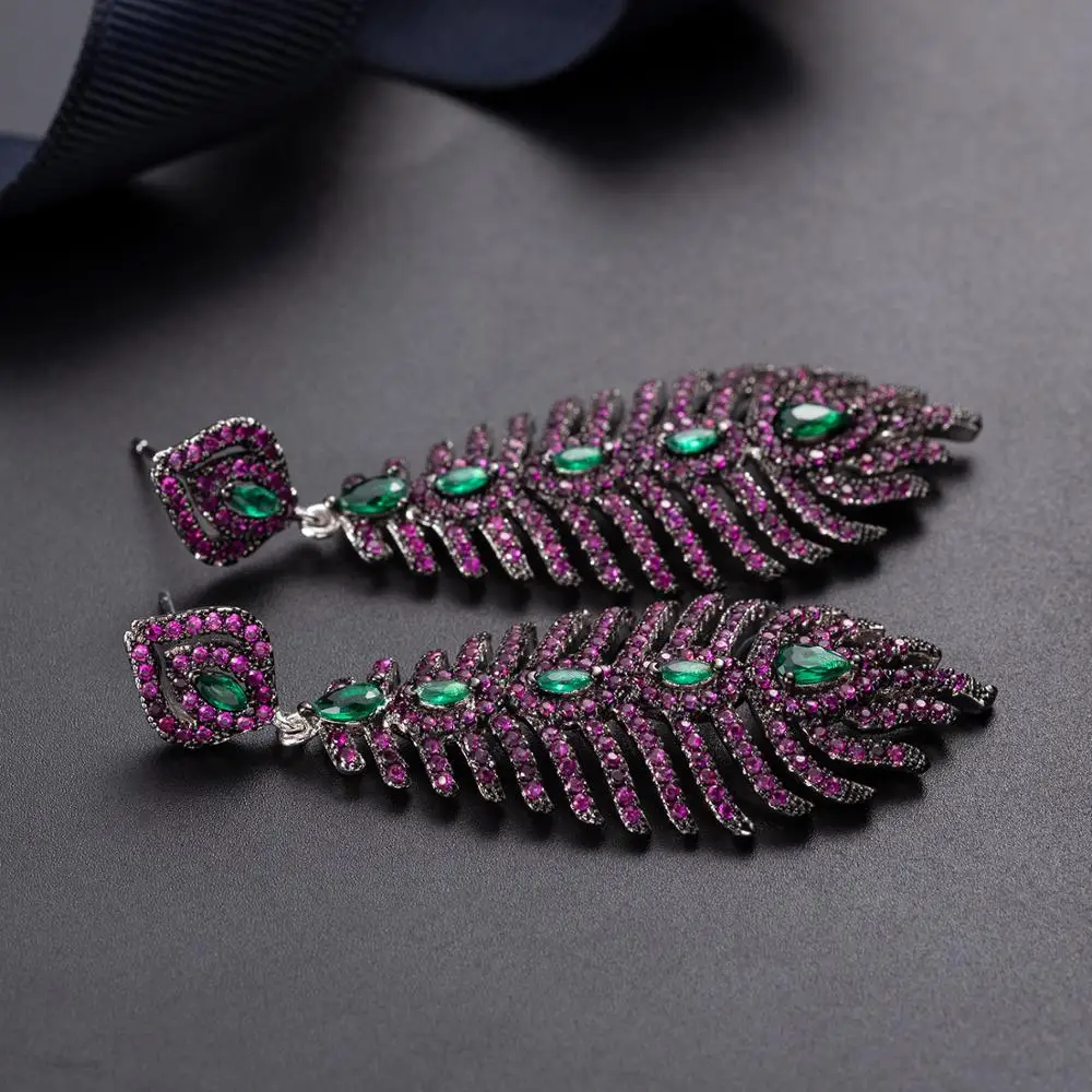 

luxury high quality purple with green cubic zircon leather shape drop earring for women wedding bridal party