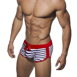 Summer Mens Striped Swimming Trunks Sexy Side Split Bathing Suit Sport Beach Surfing Swimwear Male Quick Dry Pouch Boxer Shorts