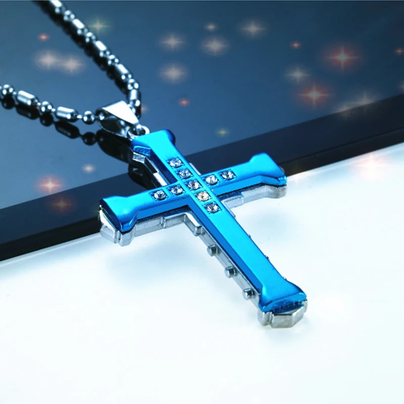 2024 New Male Crystal Cross Jesus Pendant Gold/Black/Blue Color Zirconia   Necklace Stainless Steel Jewelry