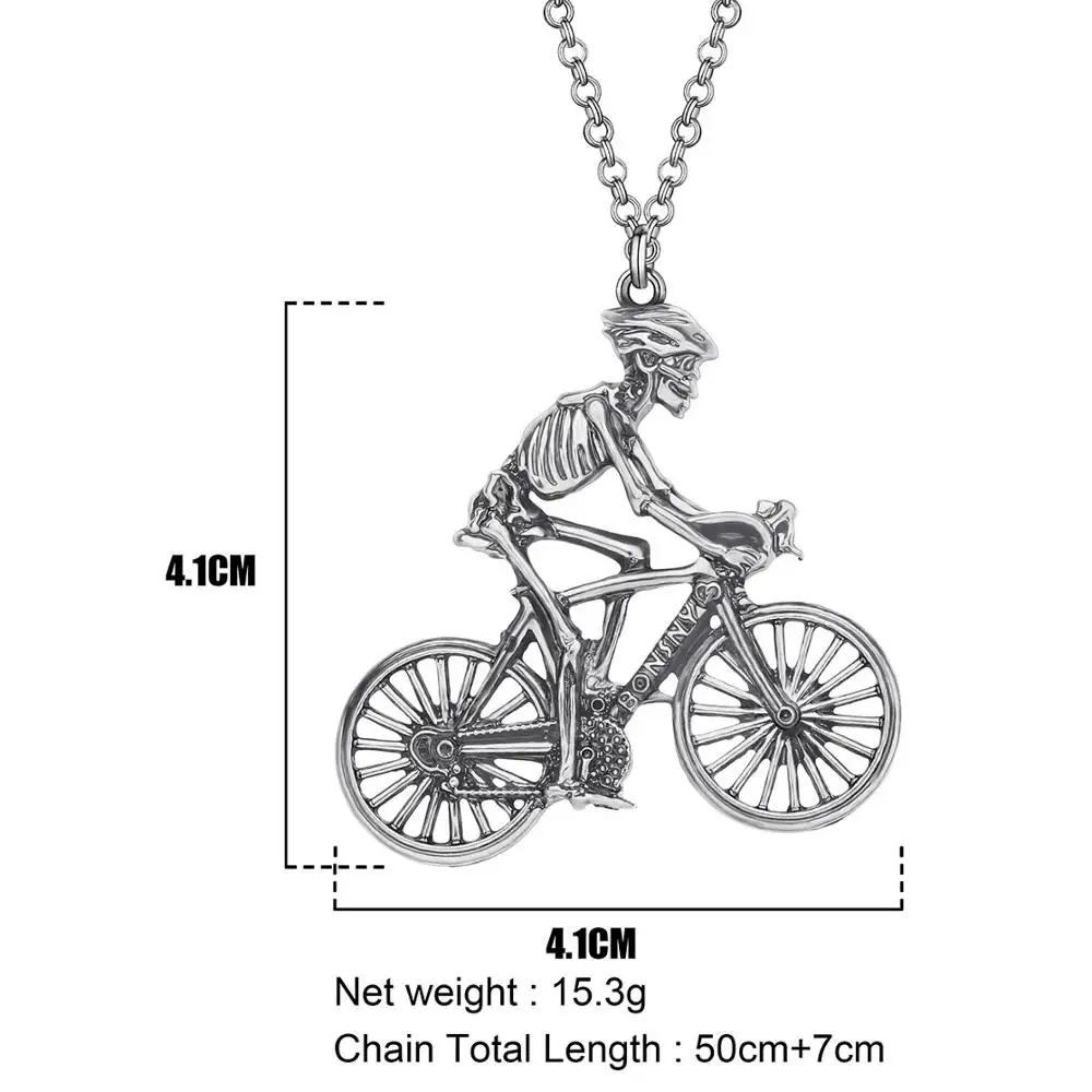 Bonsny Halloween Alloy Antique Gold Plated Skull Bicycle Necklace Bike Skeleton Pendant Jewelry For Women Girls Kid Classic Gift