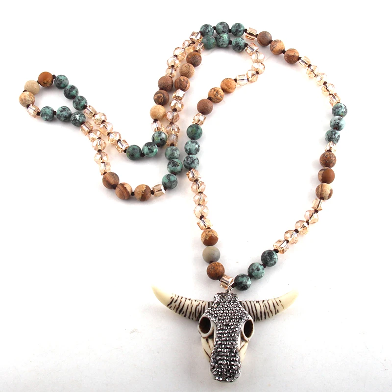 RH Fashion Bohemian Tribal Jewelry  Crystal / Natural Stone Long Knotted Beige Crystal Horn Pendant Necklaces For Women Necklace