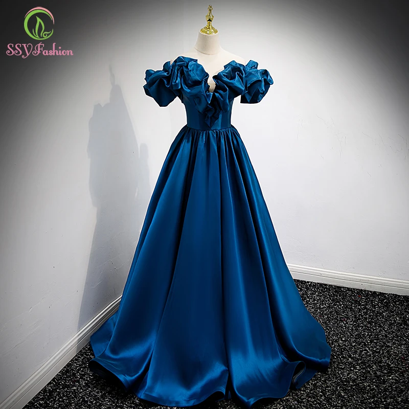 

SSYFashion New Luxury Blue Satin Evening Dress Vintage Princess Puff Sleeve A-line Floor-length Prom Formal Gowns for Women