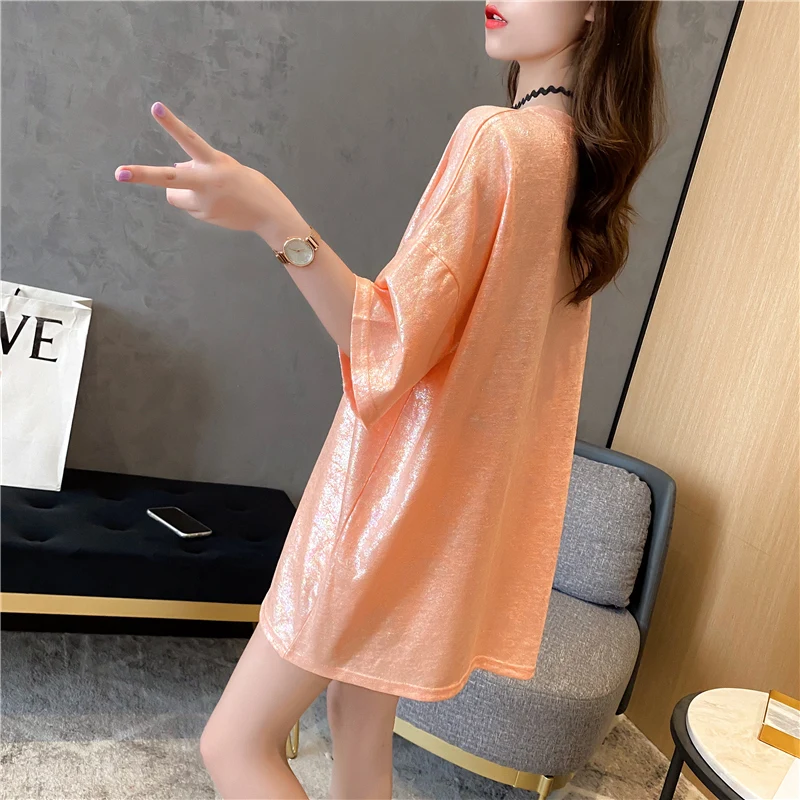 ZuoLunOuBa Fashion Summer Loose Short Sleeve Orange Women T Shirt Print Harajuku Letters Shiny Mid-length Tees Tops Female 2021