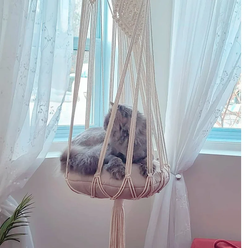 Macrame Bohemian Hangings Wall Tapestry Hand-woven Cotton Cat Hammock Swing Bed  Pet Cat Dog Hanging Nest for Gothic Home Decor