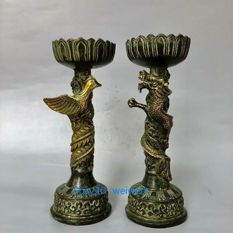 

A Pair Old Antique Bronze Gilt Dragon & Phoenix Candlestick W Qianlong Mark