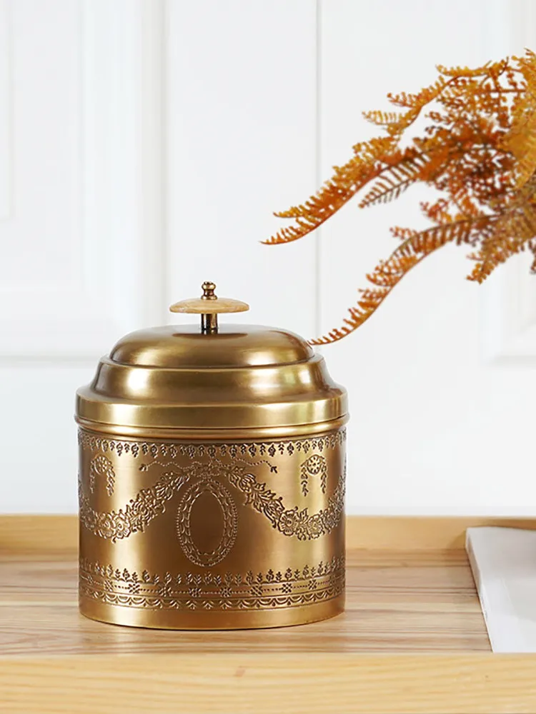 Solid Brass Kitchen Storage Tank Coffee Pot Sugar Bowl Tea Pot Carving Retro Style Tea Caddies With Lid Copper Kitchen Storage