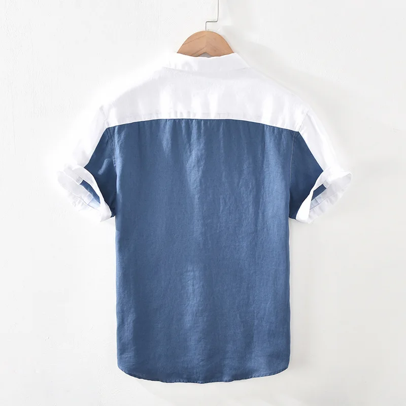 1728 Men Summer Fashion Japan Simple Harakuju High Quality 100% Linen Fabric Gradient Patchwork Short Sleeve Casual Slim Shirts