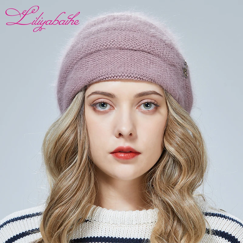 Liliyabaihe  Winter Women Hat Knitted Angora Wool Three-dimensional sewing  double warm Hat Diamond decoration