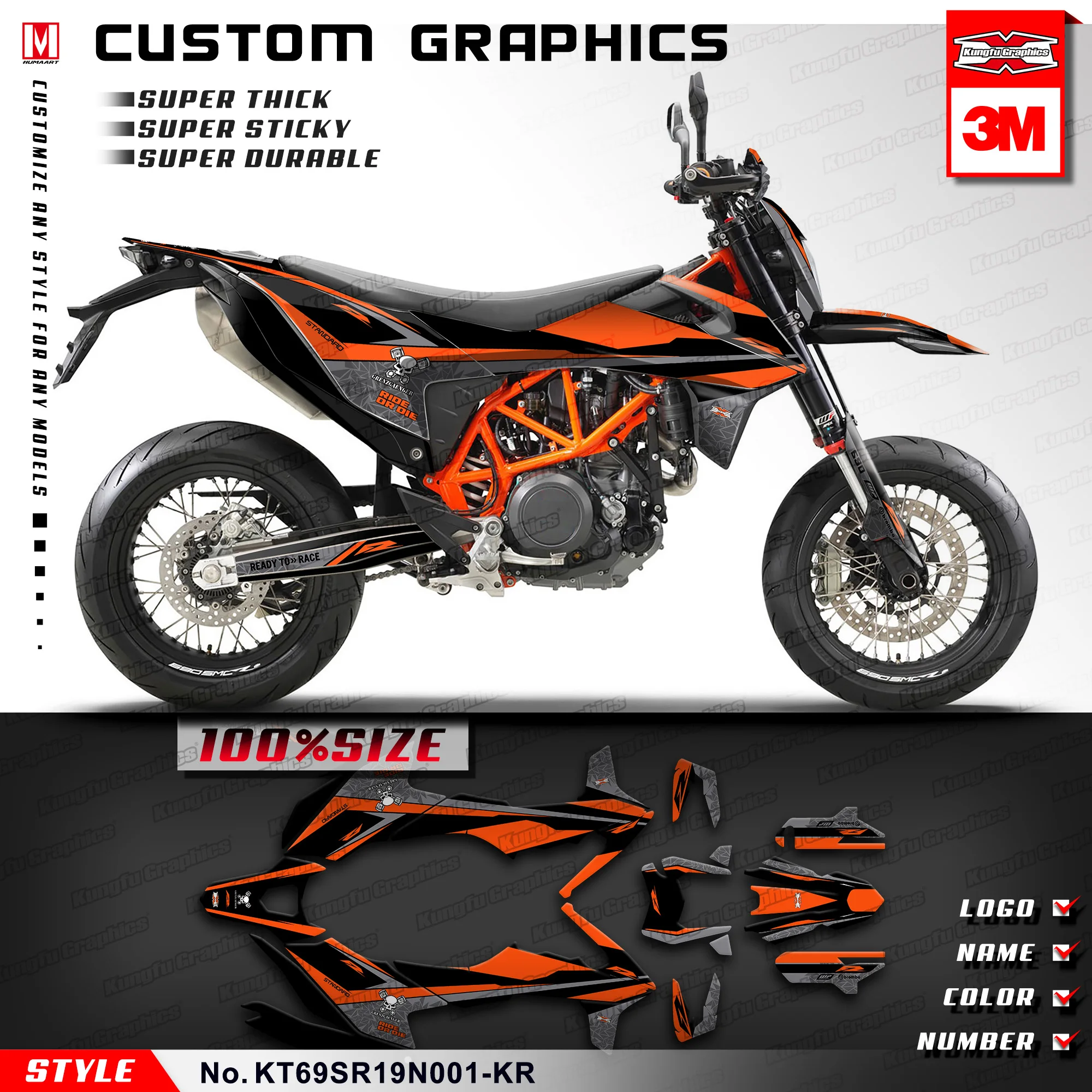 

KUNGFU GRAPHICS Enduro Stickers Personalised Décor Kit for KTM 690 SMC-R Enduro R 2019 2020 2021 2022, Orange, KT69SR19N001-KR