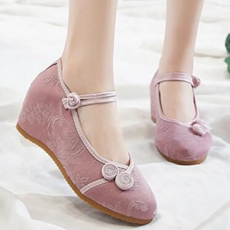 Frauen Keil Sandalen Mary Jane Jacquard Baumwolle Stoff Schuhe Damen Vintage Taste Pumpen Frau Bequeme Runde Kappe Sommer Espadrilles