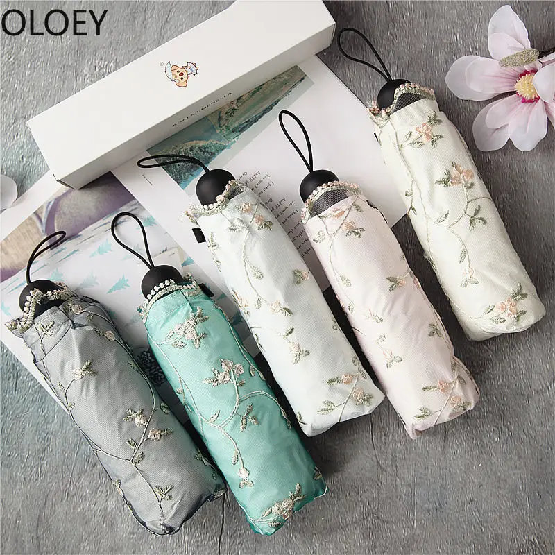 Woman Folding Umbrella Retro Ladies Lace Umbrella Rain Screen Embroidery Flowers Double Umbrella Automatic Japanese Parasol Hot