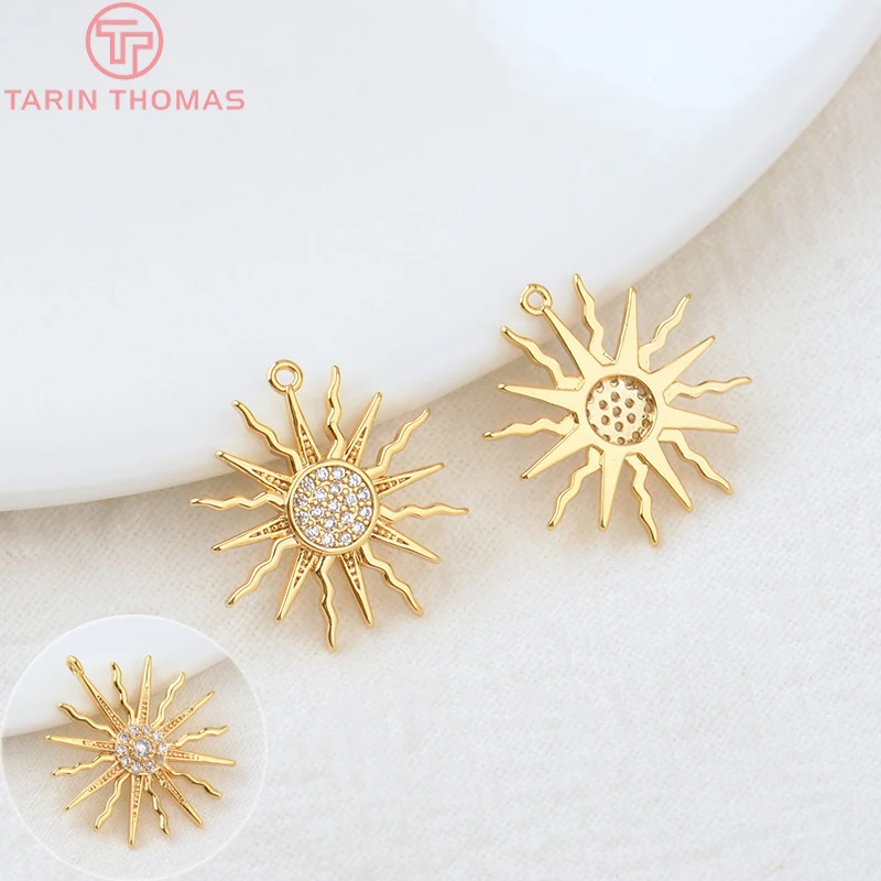 (855)4PCS 16x18MM Hole 1MM 24K Gold Color Brass and Zircon Sun Charms Pendants High Quality Diy Jewelry Findings Accessories