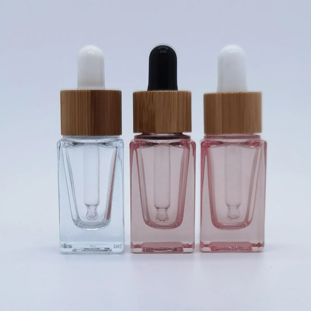 500pcs 10ml Empty  Square Rose Gold Clear Glass  Bottle With Natural Bamboo Dropper Travel  Cosmetic Essential Oil Serum Vials