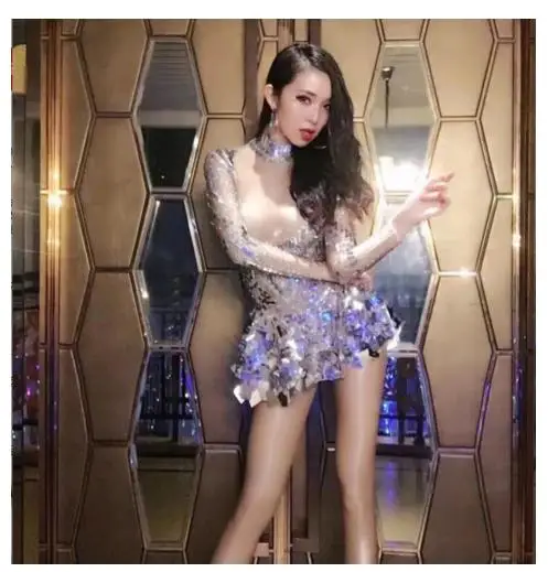 White color Singer mirror dress stage dance wears Sparkly Silver Sequins Bodysuit Dress Rhinestone Costume