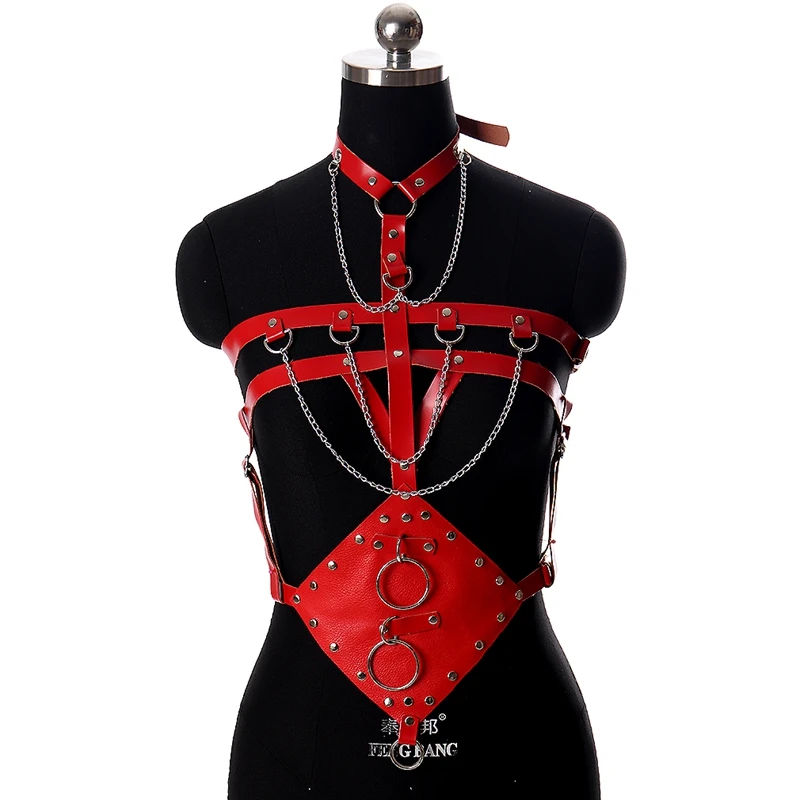 

Leather Bandage Harness Lingerie Women Fetish Choker Rivet Crop Tops Bodysuit Goth Sexy Body Chain Bra Sex Product Festival Rave