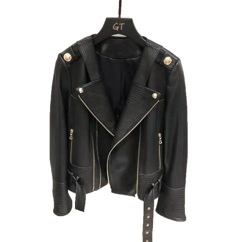 Autumn And Spring 2023 New Fashion Women Coat Genuine Leather Jacket Moto & Biker Style Turn-Down Collar Female Clothes Fn0023