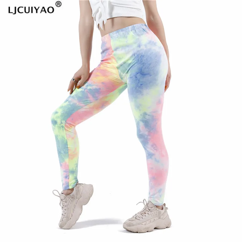 LJCUIYAO Sexy legginsy Push Up kobiety Fitness Tie barwnik wysokiej talii siłownia trening Sport Graffiti drukuj zielone liście szwy dół