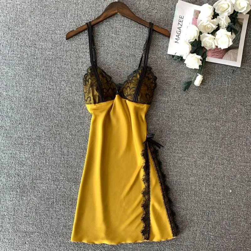 Summer Mini Nightgown Women Lace Sleep Dress Sexy V-neck Sleepwear Satin Silky Nightdress Female Spaghetti Strap Sleepwear