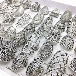 MixMax 20pcs Vintage Rings for Women Antique Silver Color Plated Carved Flower Metal Jewelry Wholesale Lots Bulk Dropshipping