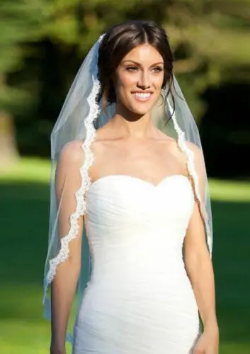 White Bridal Wedding Veil 1 Tier Elbow Length Lace Trim with Comb