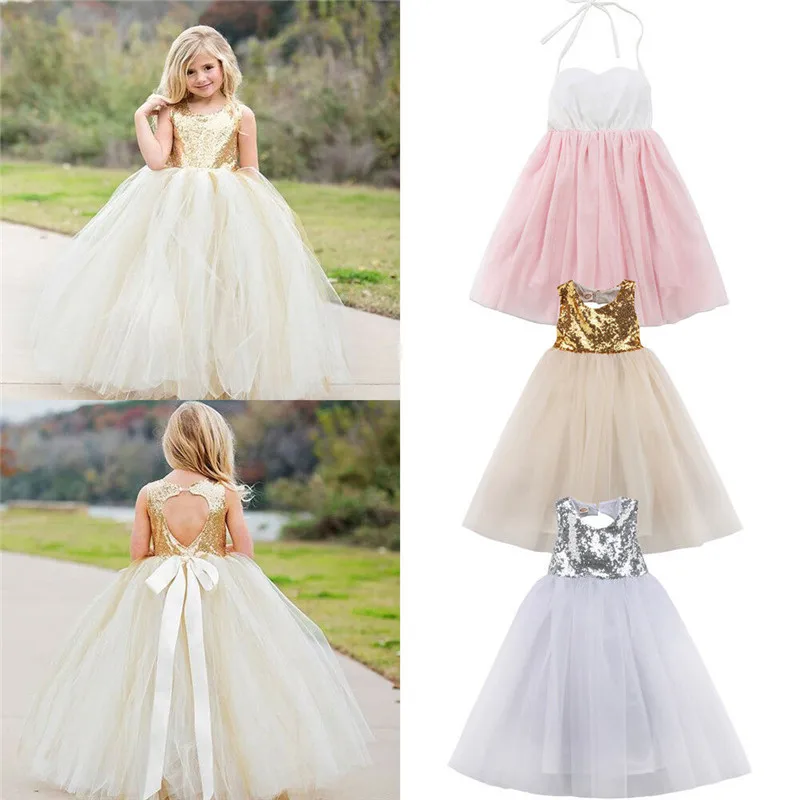 PUDCOCO Adorable Baby Girl Long Dress Kids Princess Lace Floral Party Wedding Bridesmaid Formal Ball Gown Sequins Sundress 2-8T