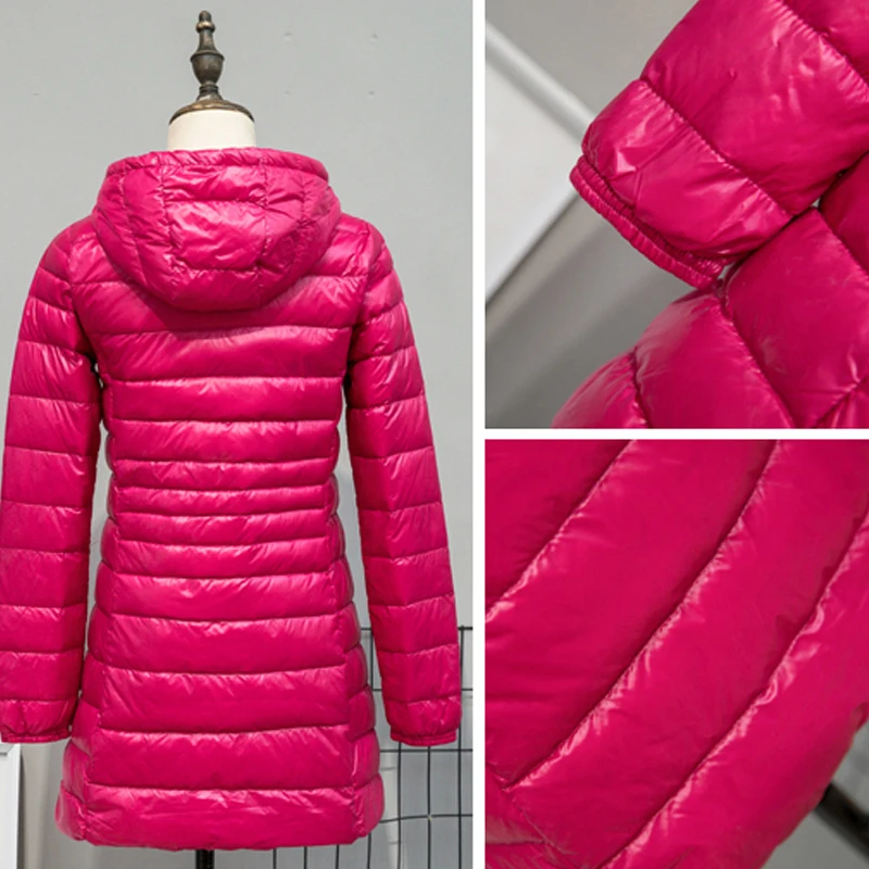 0-10 ℃   Chaquetas largas de plumón para mujer, abrigo ultraligero con capucha de plumón de pato, abrigo de invierno acolchado portátil para mujer, Parkas a prueba de viento 7XL