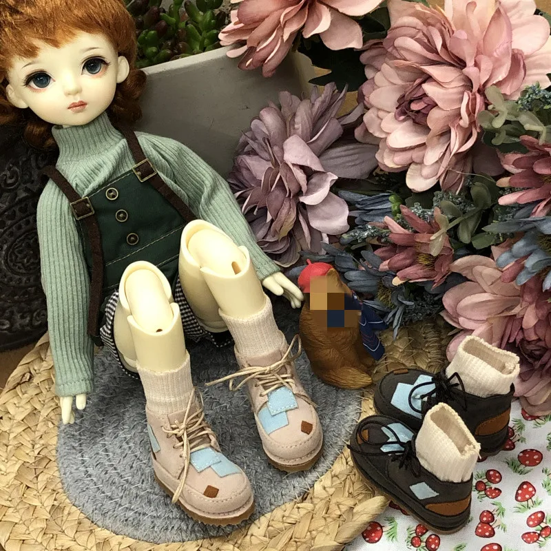 

BJD Doll Shoes fit in 1/6 size fashion lace-up round top high top shoes with vintage patched boots and mi dark grey shoes