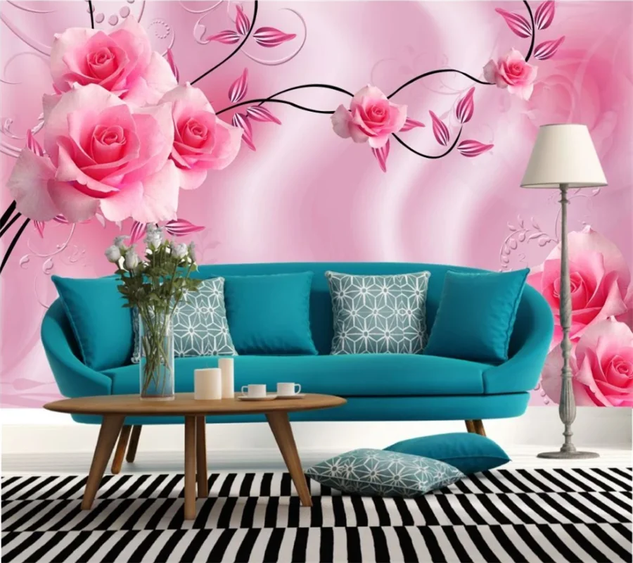 Customized high-end wallpaper 3D silk pink rose vine TV background wall picture living room bedroom room decoration 3d wallpaper