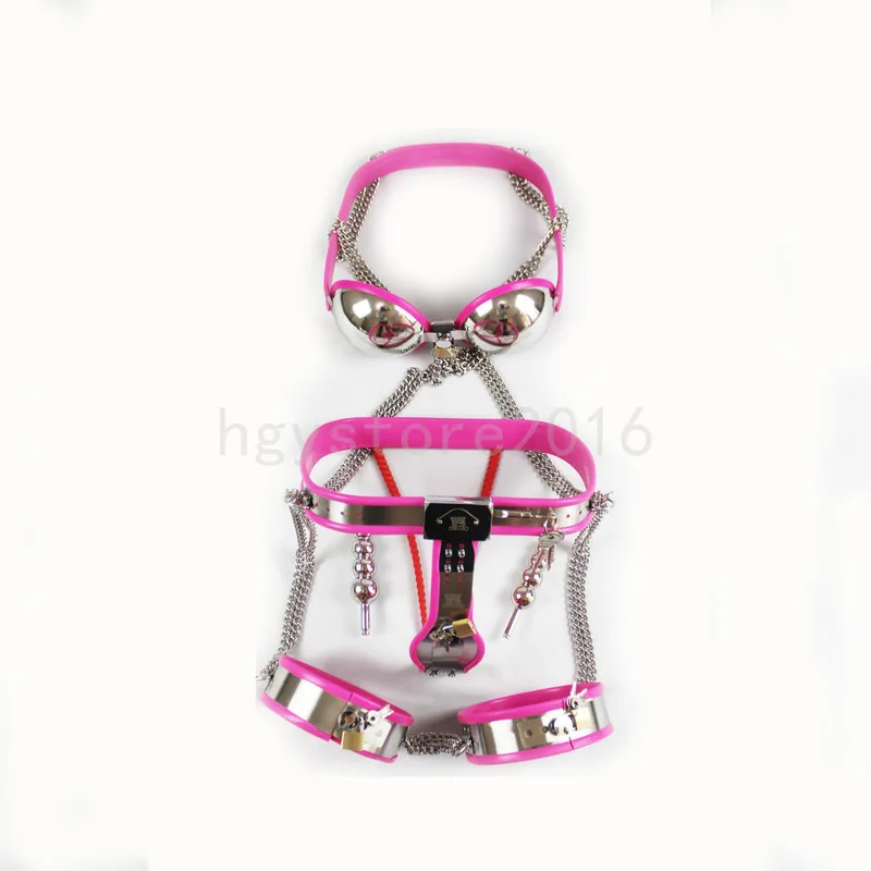 Women's Stainless Steel Chastity Belt Device with Bra Double Thigh Cuffs Constraint Connect The Whole Body  Suit Adjustable