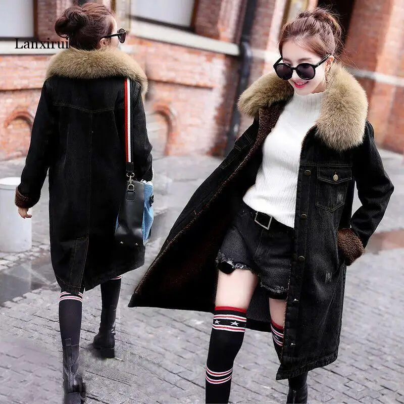 Fake Fox fur thick warm denim parkas female winter fashion beading real rabbit fur liner detachable fur padded warm coat