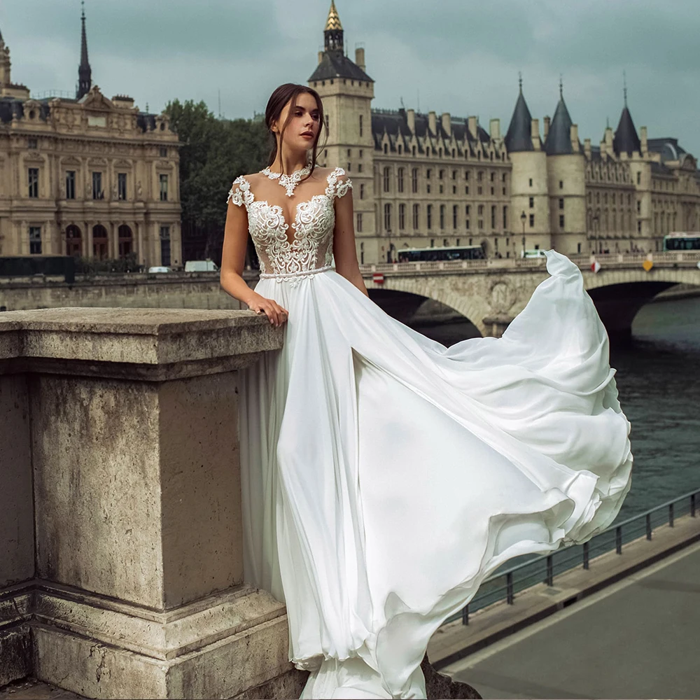 Vestido De novia De playa De gasa personalizado 2025, vestido De novia bohemio con abertura y cuello redondo, ilusión De encaje con perlas, Vestidos De novia