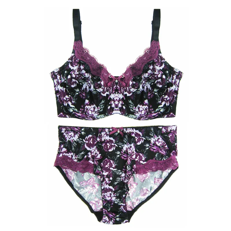 New Women\'s Full Cup Bra Set Push Up Sexy Lace Bra Cotton Briefs Sets Underwear Minimizer Bra Unlined Big Size 36D-46G