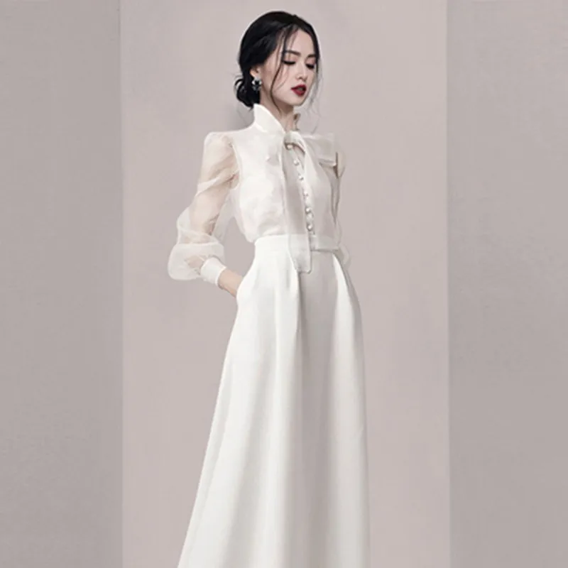 New High-End 2 Pieces Sets Women 2022 Spring Bow Long Sleeve Organza Shirt Top + High Waist Maxi Long Skirt Office Suit