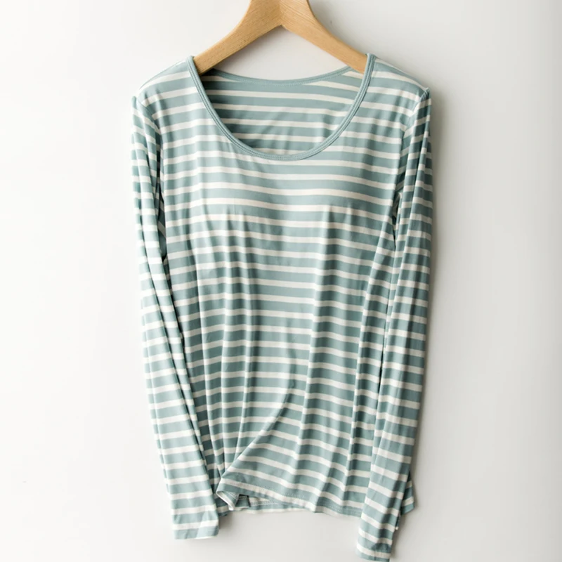 Built In Bra T-shirt Women Modal Striped Soft Long Sleeve Padded Lingerie Lounge Loose Breathable Sleeping Tops Clothing Women