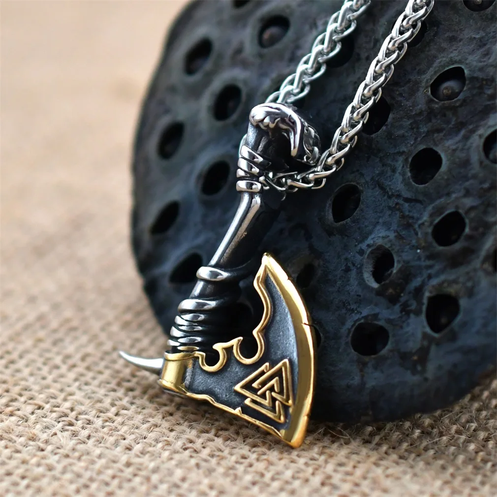 Viking Two-tone Axe Pendant Necklace Nordic Stainless Steel Tomahawk Amulet Pendant Accessories Viking Jewelry