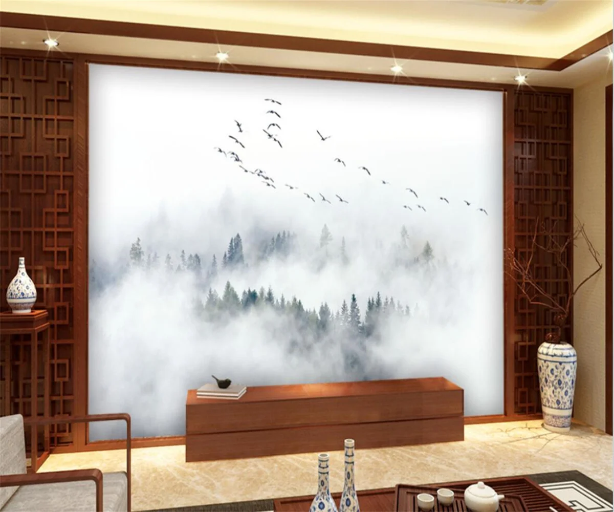 Custom wallpaper clouds and mist flying birds abstract landscape forest living room bedroom sofa background wall 3d wallpaper